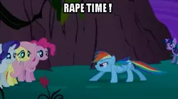 Size: 493x277 | Tagged: semi-grimdark, suggestive, derpibooru import, edit, edited screencap, screencap, applejack, fluttershy, pinkie pie, rainbow dash, twilight sparkle, earth pony, pegasus, pony, unicorn, caption, female, image macro, implied rape, mare, rape time, rapeface