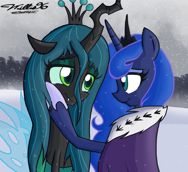 Size: 891x818 | Tagged: alicorn, artist:willisninety-six, changeling, chrysaluna, derpibooru import, female, lesbian, princess luna, queen chrysalis, safe, shipping, snow, snowfall