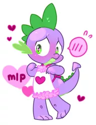 Size: 390x510 | Tagged: safe, artist:cr-r, derpibooru import, spike, dragon, dragon quest, apron, baby, baby dragon, blushing, clothes, cute, embarrassed, explicit source, heart, male, naked apron, pixiv, simple background, solo, spikabetes, text, white background