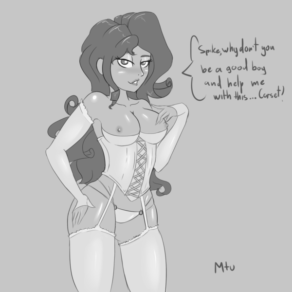 Size: 1100x1100 | Tagged: questionable, artist:miketheuser, derpibooru import, rarity, armpits, breasts, busty rarity, clothes, corset, dialogue, female, gloves, humanized, implied spike, lingerie, looking at you, monochrome, nipples, nudity, panties, shipping, simple background, solo, solo female, sparity, stockings, straight, topless, underwear