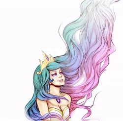 Size: 792x784 | Tagged: safe, artist:mellifluousadventure, derpibooru import, princess celestia, human, crown, female, humanized, jewelry, long hair, looking up, necklace, regalia, simple background, smiling, solo, white background