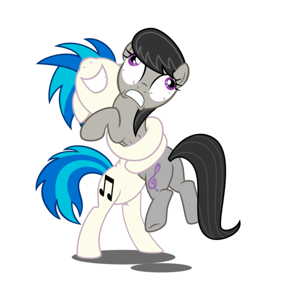 Size: 4330x4623 | Tagged: safe, artist:drpancakees, derpibooru import, octavia melody, vinyl scratch, earth pony, pony, unicorn, absurd resolution, bipedal, bloodshot eyes, cutie mark, female, floppy ears, gritted teeth, hooves, horn, hug, mare, nose in the air, plot, simple background, smiling, squeezing, teeth, transparent background, vector
