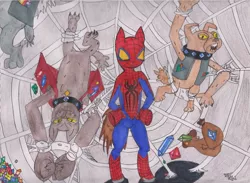 Size: 900x659 | Tagged: artist:12thdoctorpepsilad, crossover, derpibooru import, diamond dog, fido, gem, ponified, rover, safe, spider-man, spider mare, spider web, spot