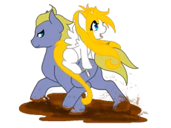 Size: 800x600 | Tagged: artist:thamutt, banana mustang, blank flank, derpibooru import, freckles, mud, oc, oc:frolic, ponies riding ponies, safe, unofficial characters only
