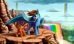 Size: 1991x1200 | Tagged: artist:tsitra360, derpibooru import, rainbow dash, rainbow waterfall, safe, scootaloo, scootalove, winsome falls, wrong eye color