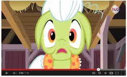 Size: 653x400 | Tagged: safe, derpibooru import, granny smith, earth pony, pony, apple family reunion, female, frown, hub logo, hubble, mare, open mouth, screenshots, shawl, solo, youtube link