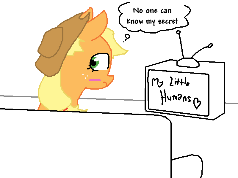 Size: 800x600 | Tagged: applejack, artist:the weaver, blushing, blush sticker, closet humie, derpibooru import, humie, my little human, safe, simple background, solo, television, white background