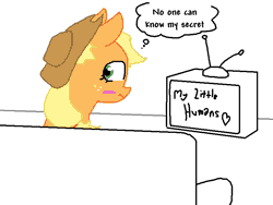 Size: 800x600 | Tagged: applejack, artist:the weaver, blushing, blush sticker, closet humie, derpibooru import, humie, my little human, safe, simple background, solo, television, white background