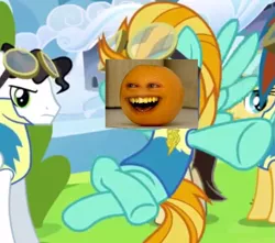 Size: 713x631 | Tagged: annoying orange, derpibooru import, edit, edited screencap, hoofbump, lightning dust, photo, safe, screencap