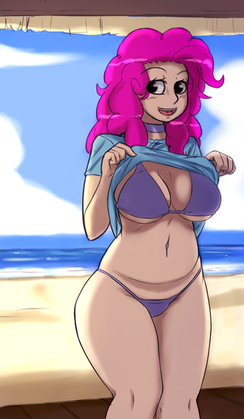 Size: 700x1200 | Tagged: artist:dreikaze, beach, bedroom eyes, belly button, big breasts, bikini, breasts, busty pinkie pie, choker, cleavage, clothes, collar, female, human, humanized, looking at you, ocean, open mouth, pinkie pie, plump, shirt, shirt lift, smiling, solo, solo female, suggestive, swimsuit, underboob