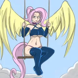 Size: 1280x1280 | Tagged: artist:dreikaze, bra, breasts, busty fluttershy, clothes, derpibooru import, female, fluttershy, human, humanized, panties, solo, solo female, stockings, suggestive, swing, tailed humanization, thong, underboob, underwear, winged humanization