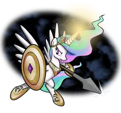 Size: 2208x2060 | Tagged: artist:omegasunburst, magic, princess celestia, safe, shield, solo, spear, warrior celestia, weapon