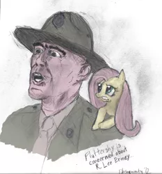 Size: 800x858 | Tagged: artist:obsequiosity, derpibooru import, fluttershy, full metal jacket, gunnery sergeant hartman, human, r. lee ermey, safe