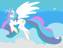 Size: 1280x960 | Tagged: safe, artist:dreikaze, derpibooru import, princess celestia, alicorn, pony, anatomically incorrect, cloud, cloudy, cutie mark, eyes closed, female, flying, hoof shoes, hooves, horn, incorrect leg anatomy, jewelry, lineless, mare, minimalist, solo, tiara, wings