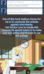 Size: 600x999 | Tagged: artist:adiwan, ask, ask the vet pony, assistants, derpibooru import, doctor, doctor fauna, doctor love, glasses, safe, snake, syringe, tumblr, vet, veterinary