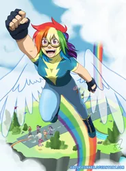 Size: 734x1000 | Tagged: applejack, artificial wings, artist:hazurasinner, augmented, clothes, derpibooru import, ethereal wings, fingerless gloves, fluttershy, flying, gloves, humanized, magic, magic wings, mane six, pinkie pie, rainbow dash, rainbow trail, rarity, safe, trail, twilight sparkle, winged humanization, wings, wonderbolts academy, wonderbolt trainee uniform