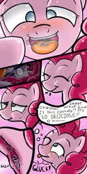 Size: 900x1800 | Tagged: artist:gtsdev, comic, derpibooru import, dialogue, drool, fetish, flutterpanic, grimdark, micro, pinkie pie, preylight, soft vore, twilight sparkle, vore