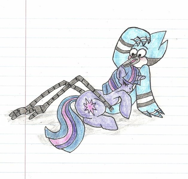 Size: 900x859 | Tagged: artist:rae-tyrant, blushing, confused, crossover, crossover shipping, derpibooru import, eyes closed, hug, mordecai, mordetwi, regular show, safe, sitting, twilight sparkle