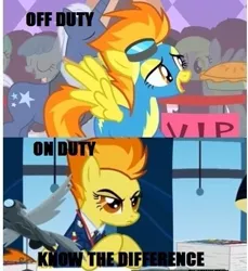 Size: 407x444 | Tagged: safe, derpibooru import, edit, edited screencap, screencap, derpy hooves, lightning bolt, lyra heartstrings, spitfire, white lightning, pegasus, pony, the best night ever, wonderbolts academy, clothes, comparison, female, goggles, know the difference, mare, spitfire's eyebrows, uniform, wonderbolts uniform