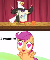 Size: 500x600 | Tagged: safe, derpibooru import, edit, edited screencap, screencap, rainbow dash, scootaloo, bald eagle, eagle, lesson zero, may the best pet win, clothes, heart eyes, knitting, knitting needles, sweater, want it need it, wingding eyes, yarn, yarn ball