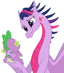 Size: 480x548 | Tagged: artist:queencold, cute, derpibooru import, dragon, dragoness, dragonified, mama twilight, safe, simple background, species swap, spike, spikelove, transparent background, twilidragon, twilight sparkle