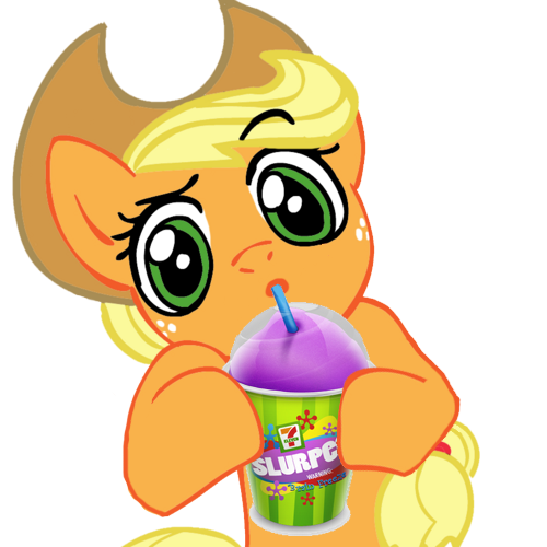 Size: 500x500 | Tagged: 7-eleven, applejack, cup, derpibooru import, edit, looking at you, safe, shrug, shrugpony, sipping, slurpee