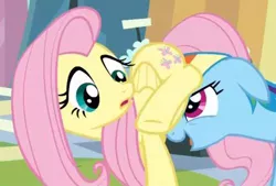 Size: 500x337 | Tagged: safe, derpibooru import, screencap, fluttershy, rainbow dash, pegasus, pony, the crystal empire, female, mare, out of context, pushing, rump push