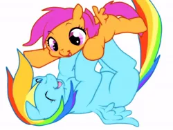 Size: 600x450 | Tagged: artist:nabe, balancing, cute, derpibooru import, eyes closed, on back, open mouth, pixiv, playing, rainbow dash, safe, scootaloo, scootalove, smiling, spread wings