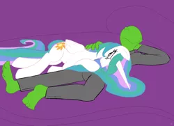 Size: 1240x900 | Tagged: artist needed, cuddling, derpibooru import, oc, oc:anon, princess celestia, safe, snuggling