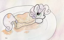 Size: 1130x710 | Tagged: artist:slightlyshade, derpibooru import, food, micro, pancakes, ponies in food, safe, solo, sweetie belle, syrup, traditional art