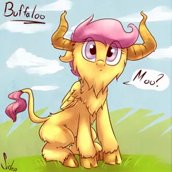 Size: 920x920 | Tagged: artist:siden, buffalo, buffaloo, cloven hooves, fluffy, horns, looking at you, moo, pun, safe, scootaloo, sitting, solo, species swap, wide eyes