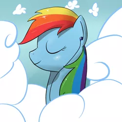 Size: 1024x1024 | Tagged: safe, artist:hackofalltrades, derpibooru import, rainbow dash, pegasus, pony, bust, cloud, eyes closed, female, headphones, mare, portrait, profile, sky, smiling, solo