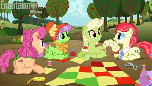 Size: 510x288 | Tagged: safe, derpibooru import, screencap, apple rose, auntie applesauce, granny smith, sew 'n sow, earth pony, pony, apple family reunion, apple tree, braid, braided tail, female, flashback, mare, prone, quilt, tree, young granny smith, younger
