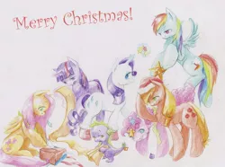 Size: 1612x1200 | Tagged: applejack, artist:wolfiedrawie, christmas, derpibooru import, fluttershy, holly, mane seven, mane six, pinkie pie, rainbow dash, rarity, safe, spike, traditional art, twilight sparkle