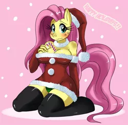 Size: 1243x1211 | Tagged: anthro, artist:ss2sonic, between breasts, blushing, breasts, busty fluttershy, candy cane, christmas, clothes, derpibooru import, embarrassed, female, fluttershy, green underwear, panties, skirt, solo, suggestive, underwear, unguligrade anthro, upskirt