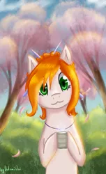 Size: 1200x1980 | Tagged: safe, artist:0okami-0ni, derpibooru import, oc, unofficial characters only, earth pony, pony, cute, green eyes, green tea, orange hair, solo, spring, spring warmth, steam, tea