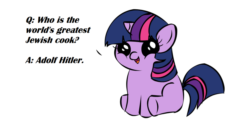 Size: 1194x668 | Tagged: safe, banned from derpibooru, deleted from derpibooru, derpibooru import, twilight sparkle, pony, unicorn, antisemitism, exploitable meme, female, filly, filly twilight sparkle, filly twilight telling an offensive joke, holocaust joke, image, meme, obligatory pony, png, racism, solo, vulgar, younger