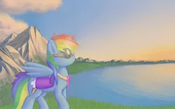 Size: 1920x1200 | Tagged: artist:lurarin, derpibooru import, element of loyalty, fanfic art, fanfic:austraeoh, goggles, grass, lake, mountain, nature, outdoors, rainbow dash, saddle bag, safe, scenery, sunset