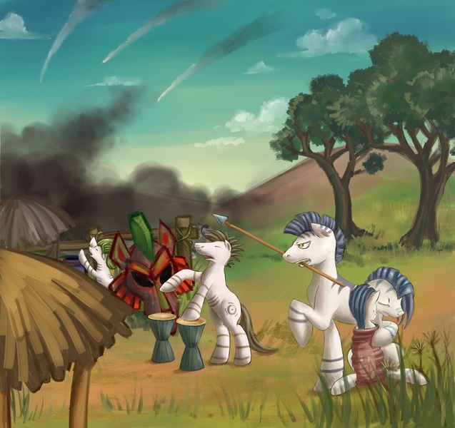 Size: 1500x1413 | Tagged: artist:polkin, cloud, dead source, derpibooru import, drums, grass, safe, smoke, spear, tree, zebra