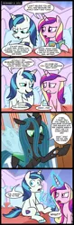 Size: 656x2000 | Tagged: artist:madmax, bait and switch, bed, blatant lies, caught, comic, derpibooru import, hoof polish, i can explain, innuendo, magic, not what it looks like, panic, pillow, princess cadance, queen chrysalis, safe, shining armor, shining armor gets all the mares, sitting, telekinesis