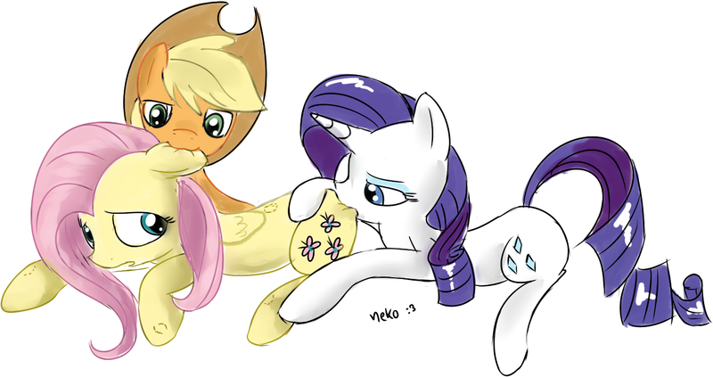 Size: 1302x688 | Tagged: suggestive, artist:mcsadat, derpibooru import, applejack, fluttershy, rarity, :o, appleshy, bite mark, biting, butt bite, ear bite, female, flarijack, flarity, floppy ears, lesbian, nom, prone, shipping, smiling