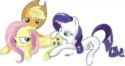 Size: 1302x688 | Tagged: suggestive, artist:mcsadat, derpibooru import, applejack, fluttershy, rarity, :o, appleshy, bite mark, biting, butt bite, ear bite, female, flarijack, flarity, floppy ears, lesbian, nom, prone, shipping, smiling