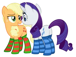 Size: 900x675 | Tagged: safe, artist:alexiy777, derpibooru import, applejack, rarity, clothes, female, lesbian, rarijack, shipping, socks, striped socks