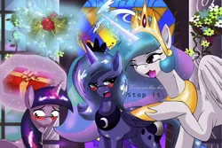 Size: 3763x2516 | Tagged: artist:alcasar-reich, blushing, derpibooru import, female, holly, holly mistaken for mistletoe, lesbian, princess celestia, princess luna, s1 luna, safe, shipper on deck, shipping, twilight sparkle, twiluna