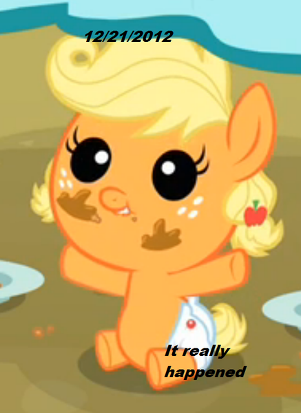 Size: 538x738 | Tagged: safe, derpibooru import, applejack, pony, apple family reunion, 2012 phenomenon, baby, baby pony