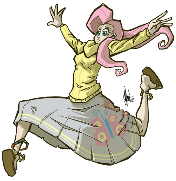 Size: 700x721 | Tagged: artist:theartrix, clothes, derpibooru import, fluttershy, human, humanized, jumping, leap, long skirt, safe, simple background, skinny, skirt, solo, sweater, sweatershy, transparent background