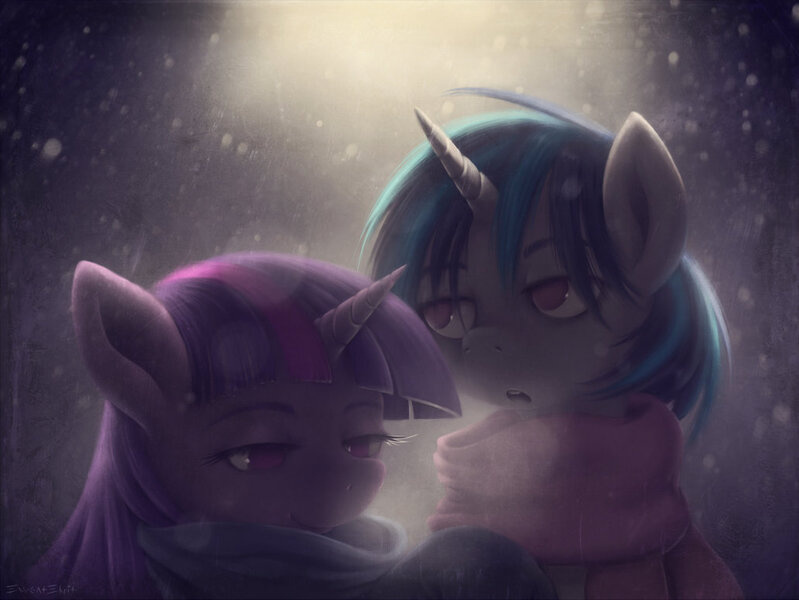 Size: 1031x774 | Tagged: artist:swaetshrit, breath, clothes, derpibooru import, safe, scarf, snow, twilight sparkle, vinyl scratch