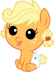 Size: 515x682 | Tagged: safe, artist:superelectrogirl98, derpibooru import, applejack, pony, apple family reunion, baby, baby pony, babyjack, diaper, filly, foal, simple background, sitting, solo, tongue out, transparent background, vector
