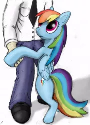 Size: 407x564 | Tagged: safe, artist:tg-0, derpibooru import, rainbow dash, human, pegasus, pony, bipedal, clothes, cute, dancing, drawing, female, holding hands, holding hooves, jeans, man, mare, pants, simple background, smiling, white background