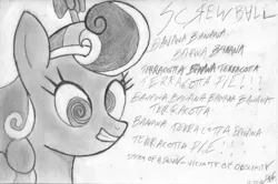 Size: 1206x800 | Tagged: artist:deathligerx86, banana, hat, hypnosis, lyrics, propeller hat, safe, screwball, sketch, song, swirly eyes